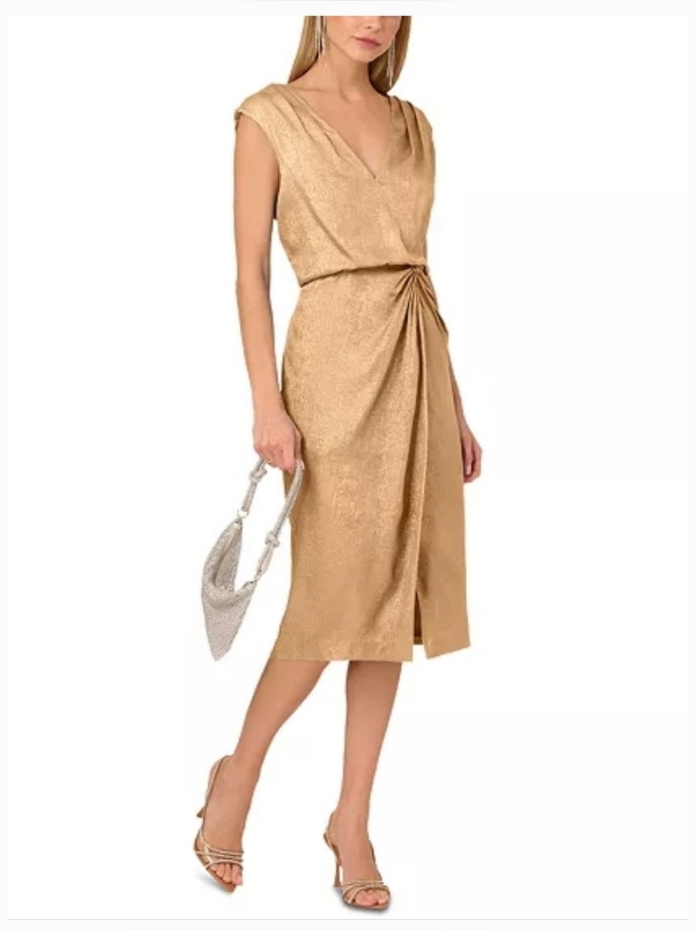 Adrianna Papell Gold Twist-Waist V-Neck Midi Dress